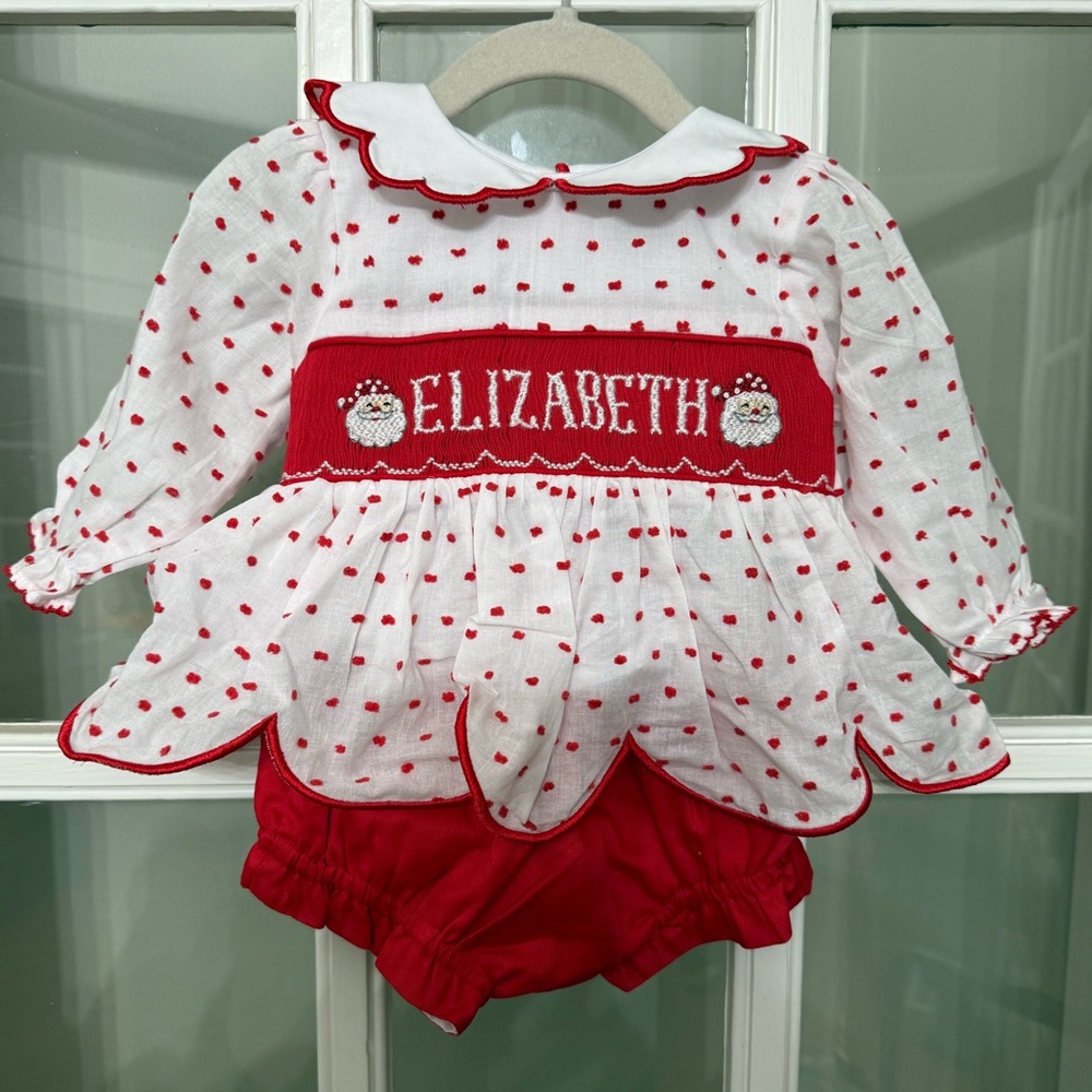 The Smocked Flamingo Hand Smocked “Elizabeth” Santa Swiss Bloomer Set